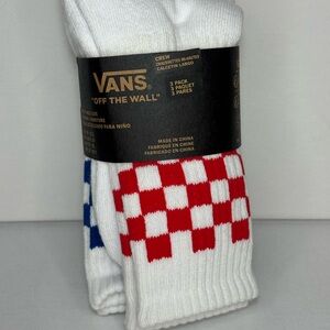 Vans Boy’s White Crew Socks with Red, Blue, and Black Checkered Pattern